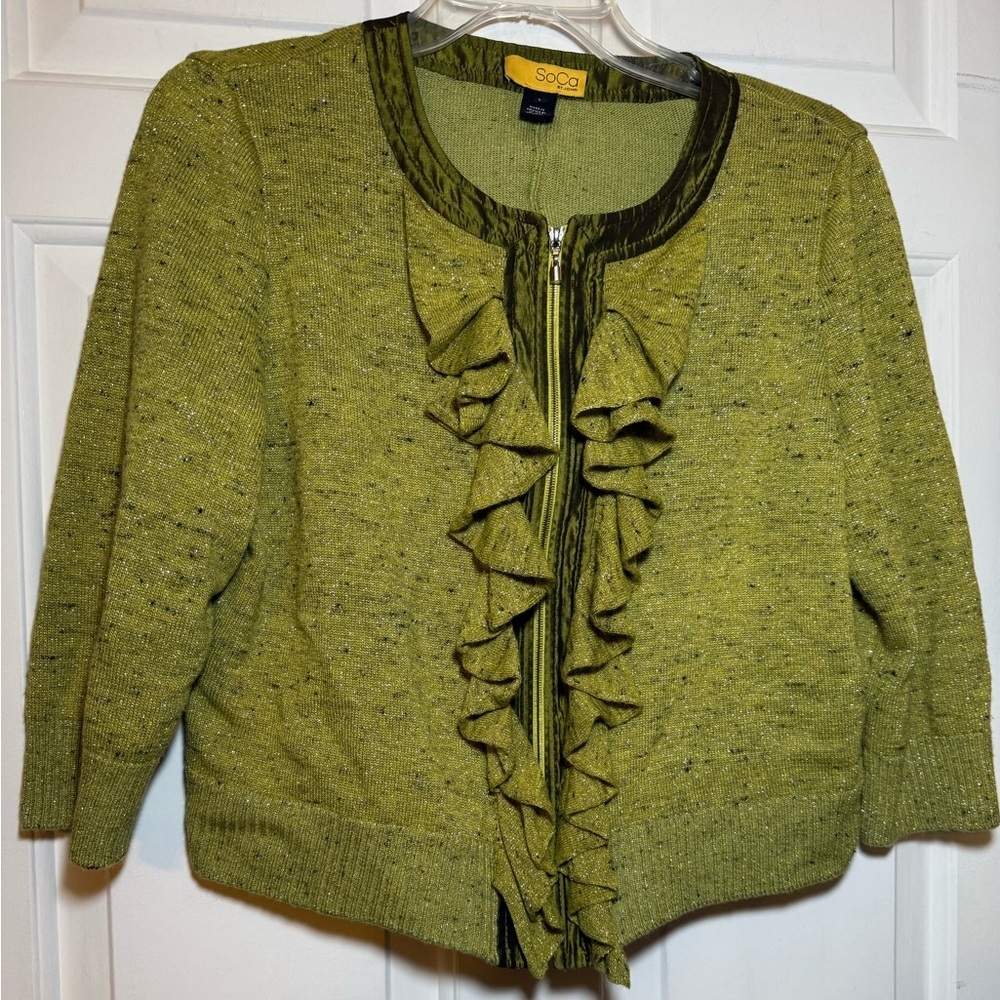 Soca St John Green Silver Ruffled Zippered Cardigan Sweater LARGE Satin Border